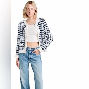 Veronica Beard – Lavigne Cotton Sweater Jacket – Cream Navy Grid – Size XL